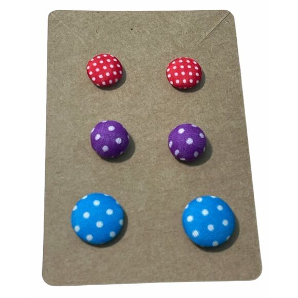 Fabric Covered Button Earring Stud Set‎ Polka Dot - Picture 1 of 5